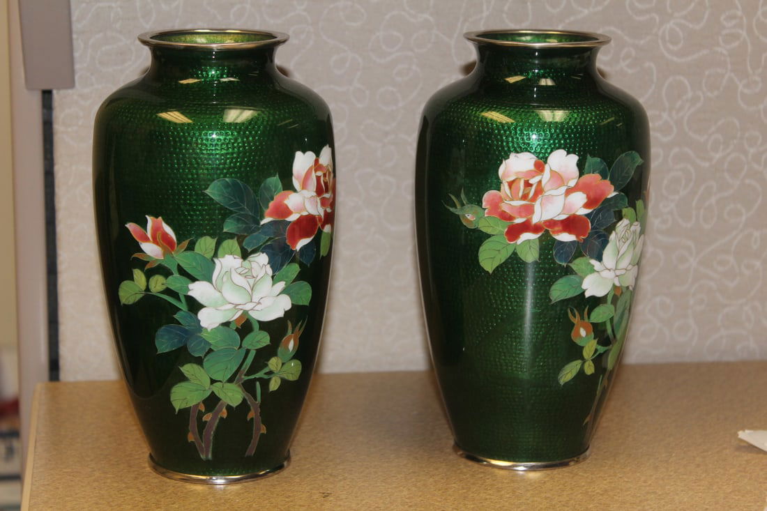 Pair of Japanese Silver Wire Vases: closionne - 7 1/4" tall