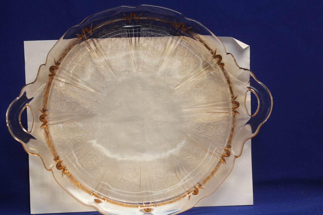 Pink Depression Glass Tray: please note: one small underchip on the handle - handle to handle = 12 3/4" in diameter