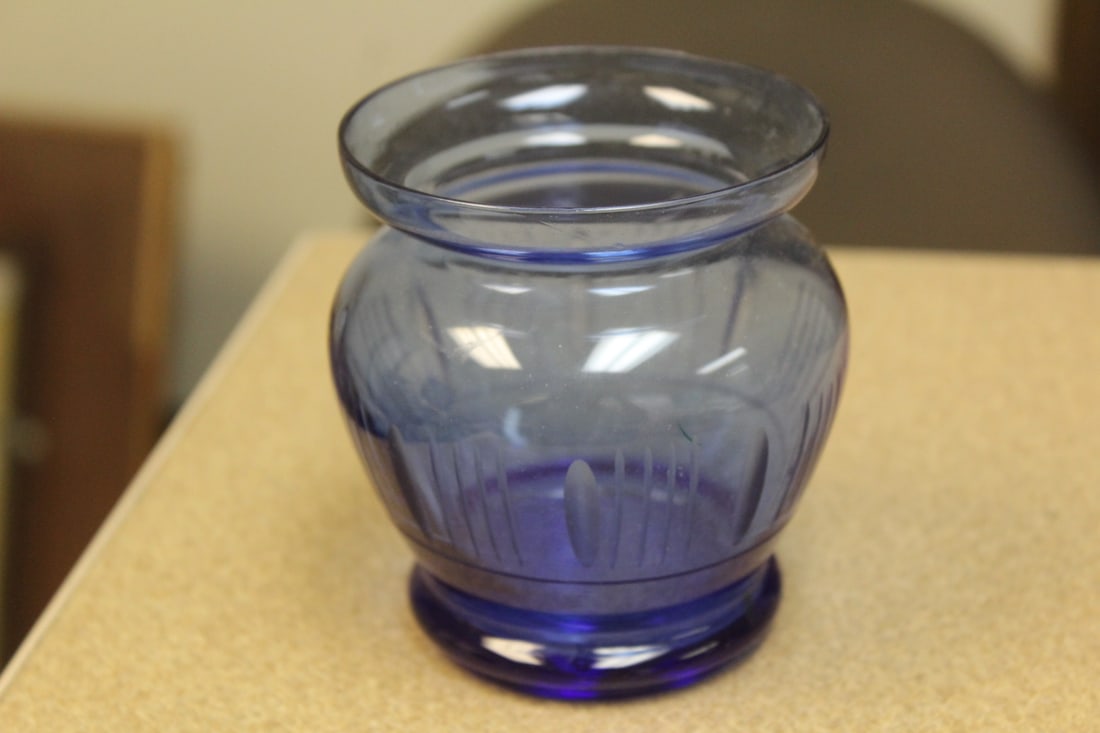 Blue Etched Glass Small Vase: blue - 3 1/2" tall