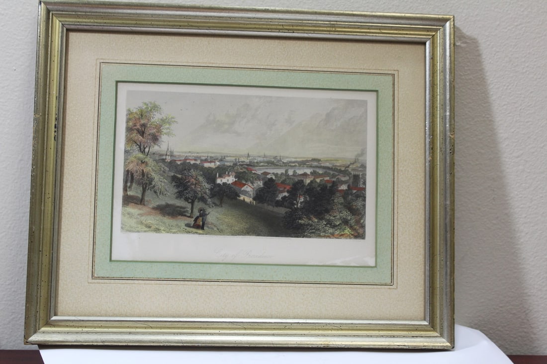 A Framed Engraving of the City of Providence: handcoloured - overall= 15 5/8" x 12 1/2"