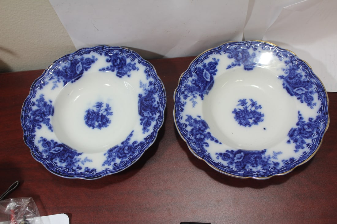 A Pair of Burslem Flow Blue Soup Bowl: made in England - 9 inches in diameter