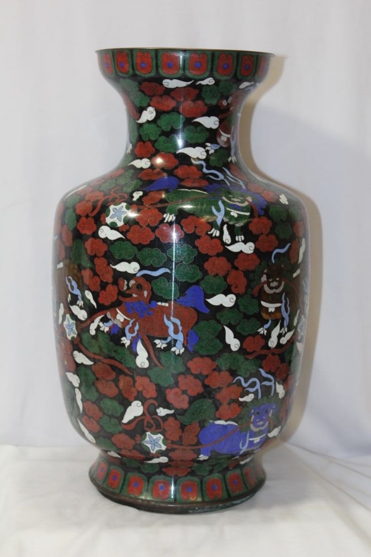 A Large Cloisonne Vase: Most likely Chinese - Foo lion motif - 14 3/4" tall