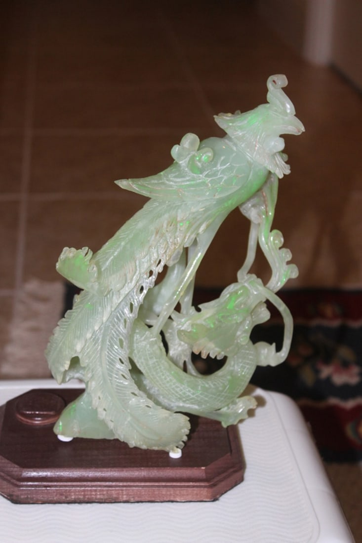 Vintage Serpentine Phoenix Statue: 10 1/4"tall (excluding the base). Probably mid 20th century Chinese.