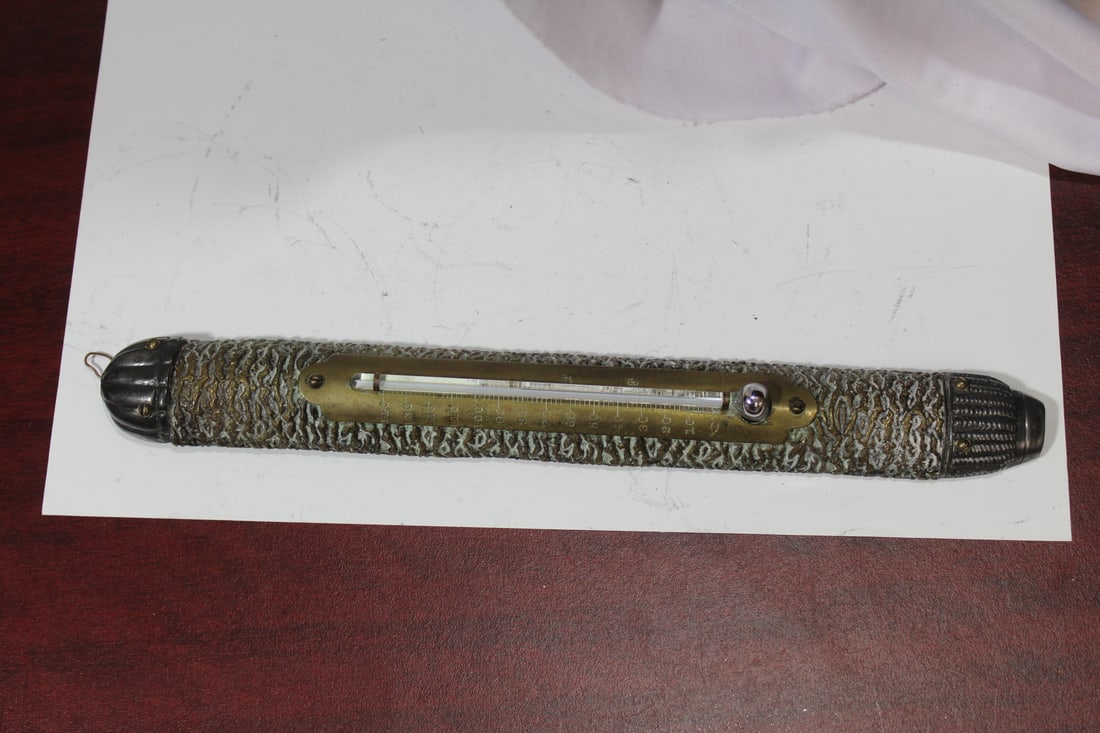 An Antique Sterling Brass and Wood Thermometer: 10 1/8" tall