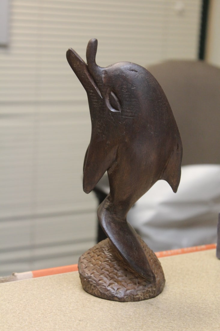 Carved Wooden Dolphin: all in a single wood - 9 3/8" tall