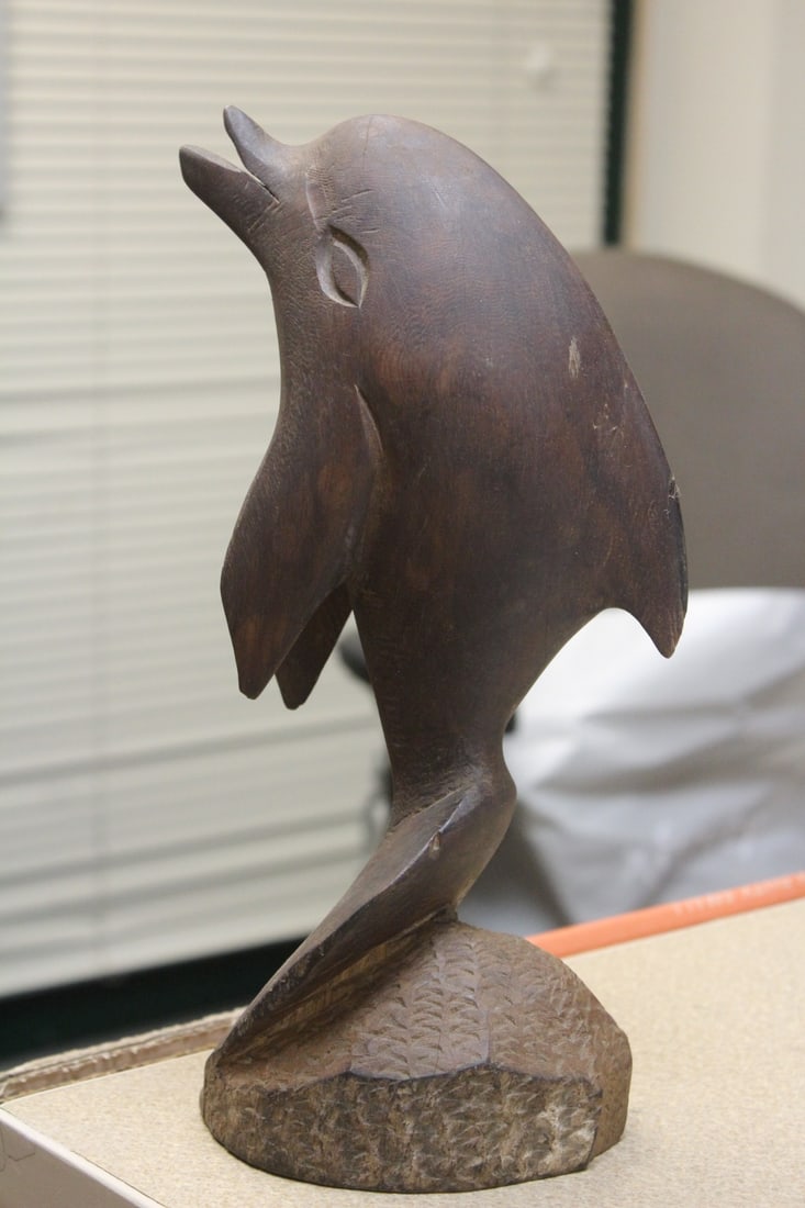 Carved Wooden Dolphin: from a single piece of wood - 11 5/8" tall