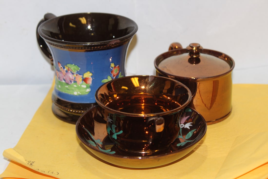 Lot of 3 Lusterware Articles: please note: all have chips as shown - tallest= 3 1/2"