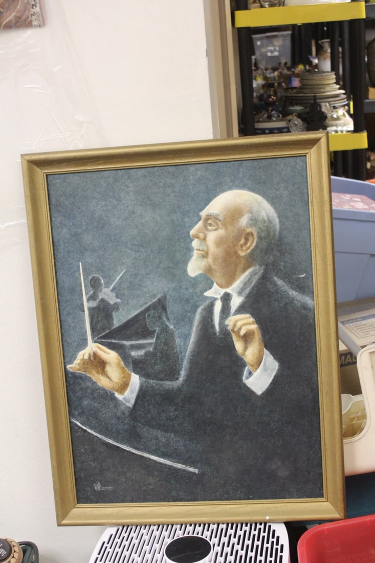 Signed Oil on Masonite Board Painting: signed Bill Buchana - painting of a conductor - framed - overall= 26 1/2" x 20 1/2"