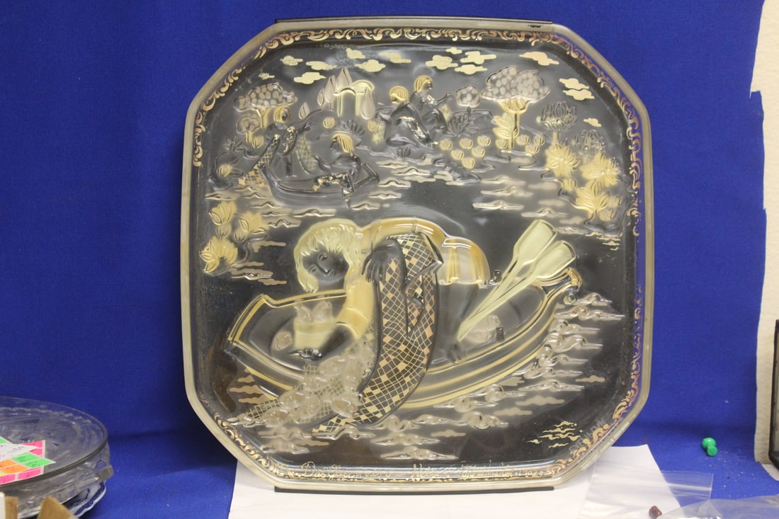 Rosenthal Glass Plaque: "Das Gleichnis vorn Netz" - raised and embossed design - octangular - 12 inches square - heavy