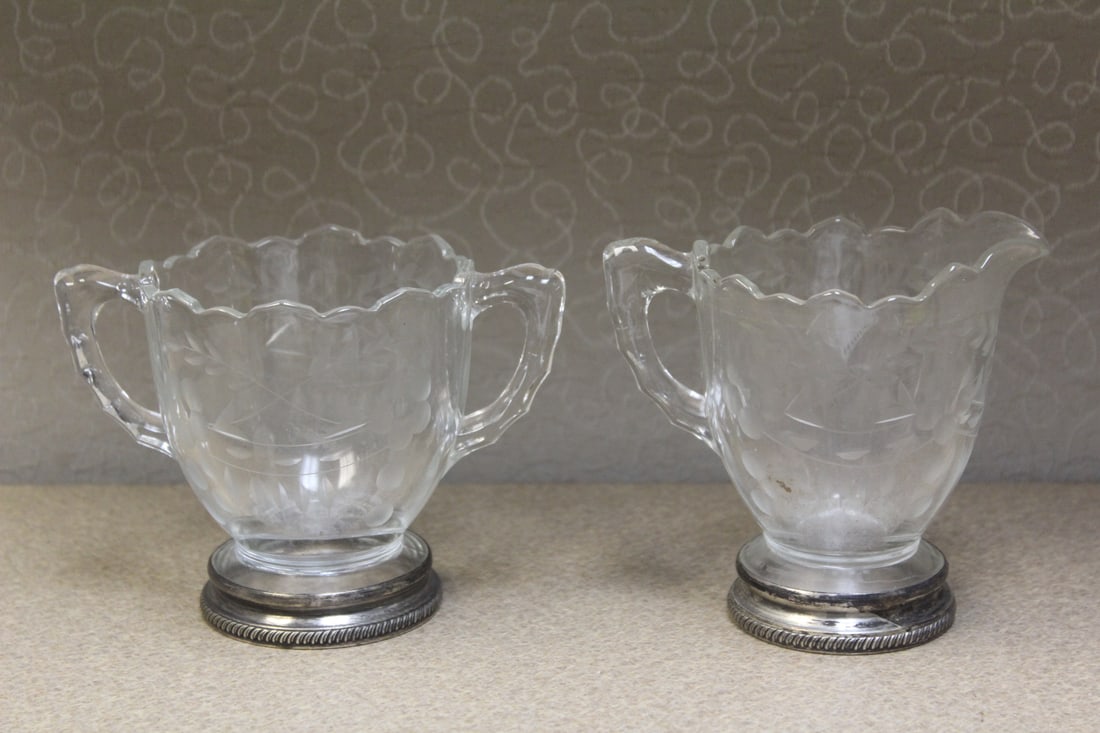 Sterling Rim Etched Cream and Sugar Container: tallest= 4 1/4"