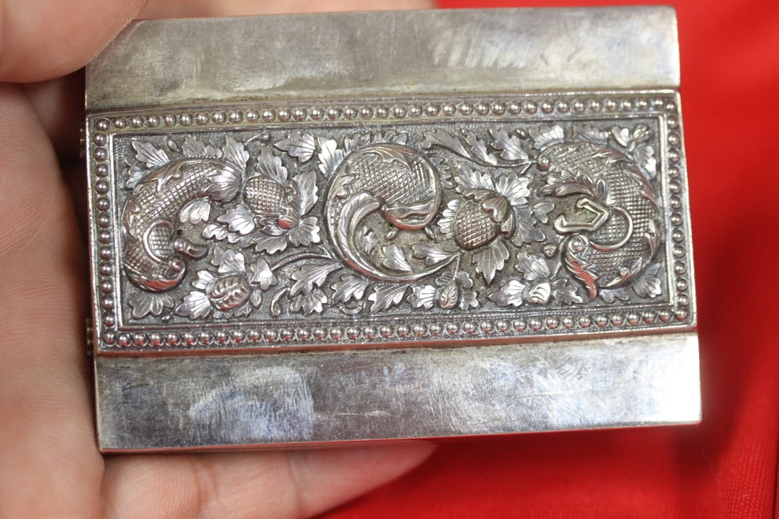 A Very Well Carved Chinese Export Silver Compact: Mark Jade in chin - silver on the bottom - most likely late 19th to early 20th century - 3" x 2 1/4"