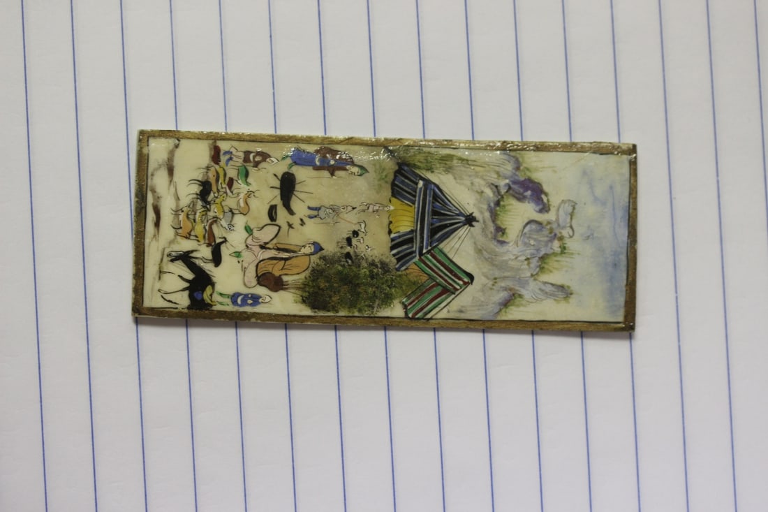 A Persian Hand Painted Village Scene on Bone: 3 1/2" x 1 1/4" - rare