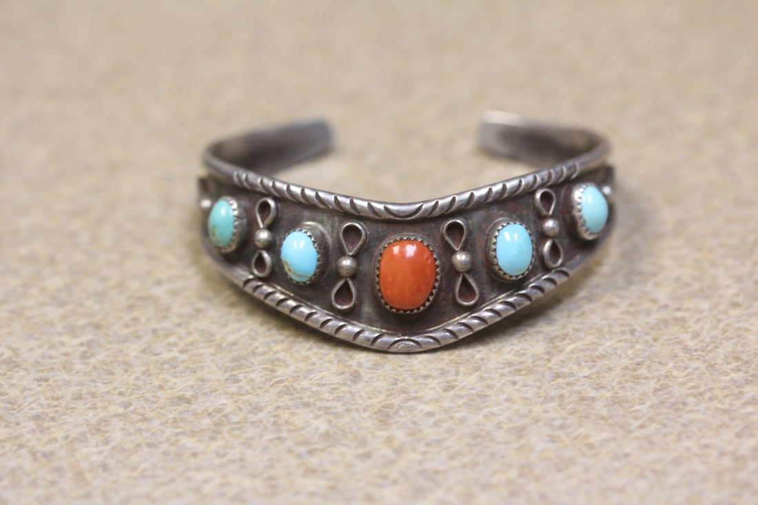 Signed Navajo Bangle Bracelet: signed: Joe Delgarito - Navajo - sterling coral and turquoise