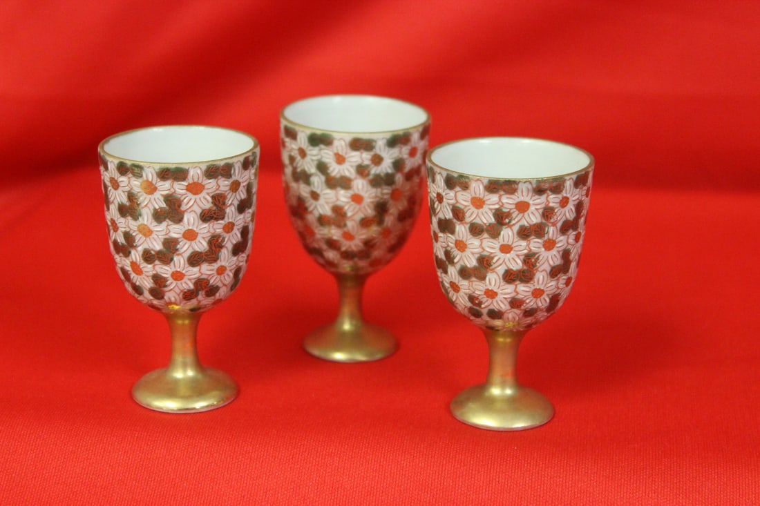 Lot of 3 Japanese Kutani Stem Cups: signed on the base - 2 1/2" tall each