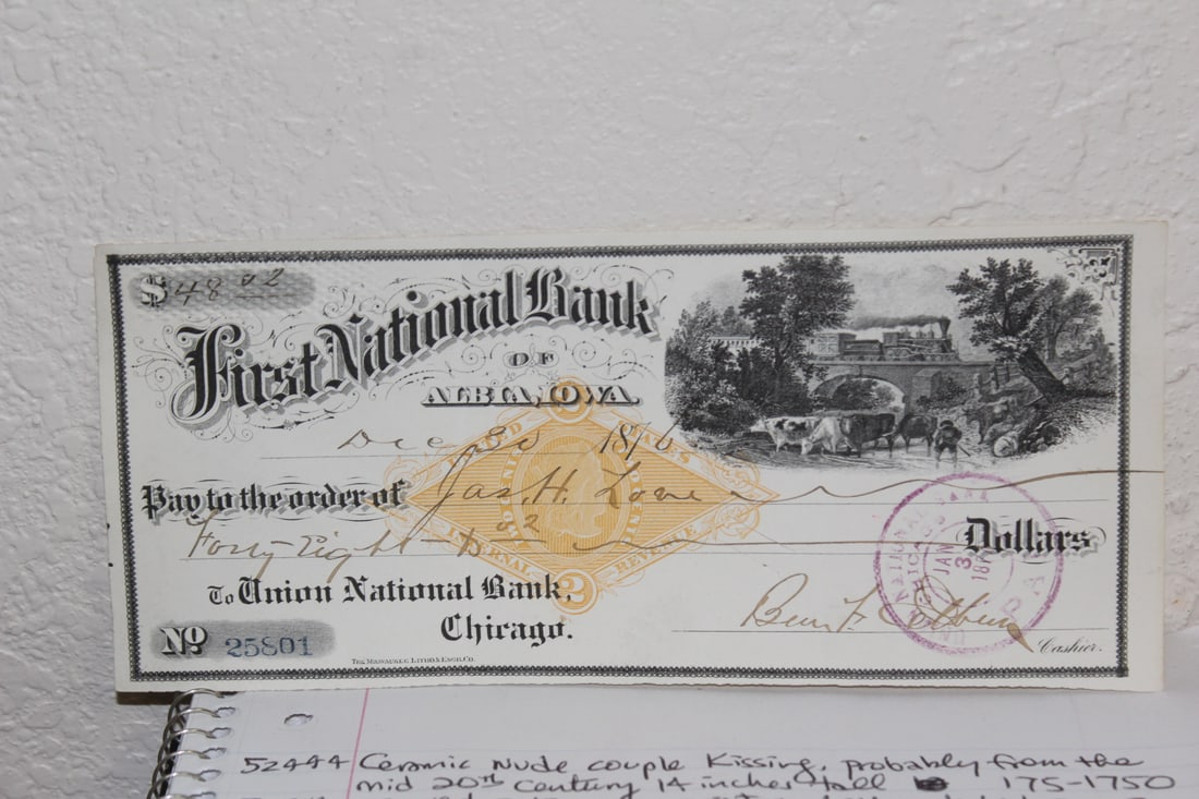 Antique Cancel Check: from First National Bank of Albia - by Littleton Coin company