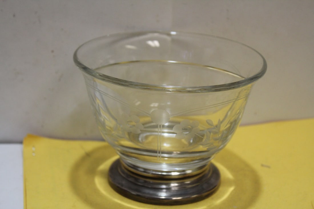 An Etched Cut Glass Sterling Rim Bowl: with divider - 5 3/8" in diameter