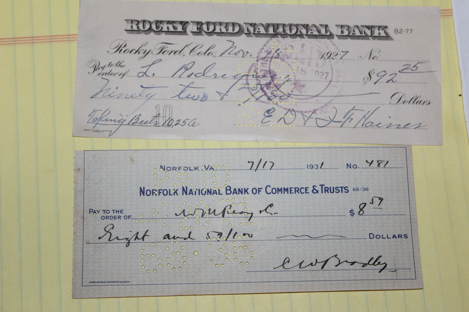 Lot of 2 Old Cancelled Checks: As shown