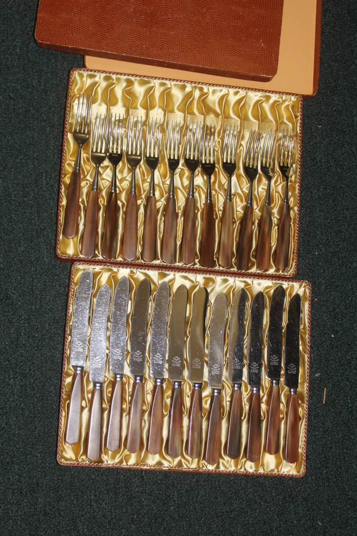Set of 12 Solingen Horn Knives and Forks: total of 24 pieces - 8 1/2" long each