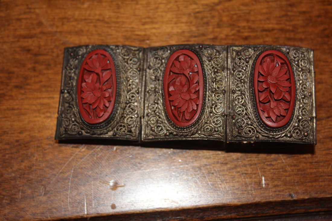 Vintage Chinese Filligree Bracelet: cinnabar and silverplate - needs cleaning - 7" long