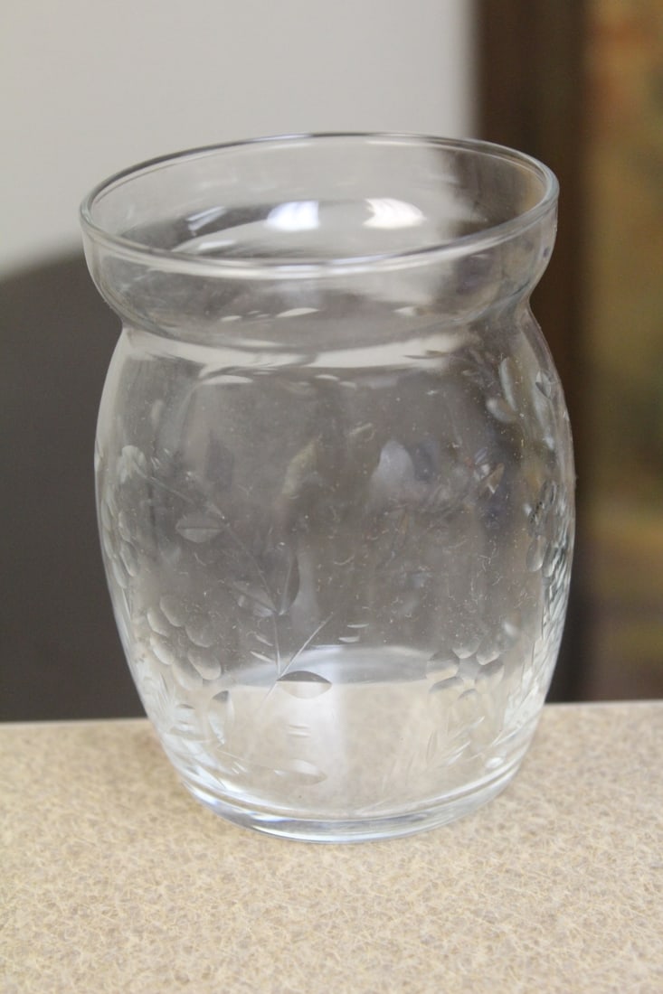 Clear Etched Glass Small Vase: 4" tall
