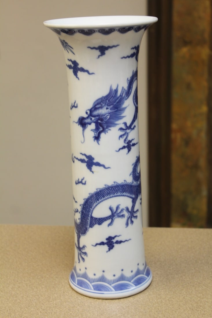 Chinese Dragon Beaker Vase: signed - blue and white - 12 5/8" tall