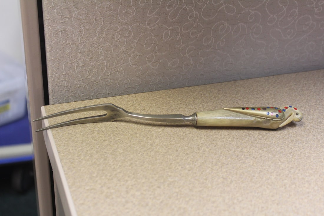 Inlaid bird form fork: vintage, 10" long