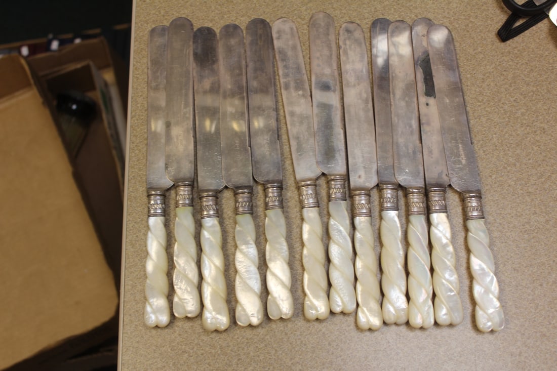 Twisted Mother of Pearl and Sterling Band Knives: marked - set of 12 - 9 5/8" long