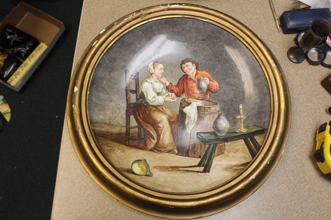 Antique Freres Porcelain Plate: framed as a wall hanger - overall= 13 1/2" in diameter - hand painted - signed Boch Freres