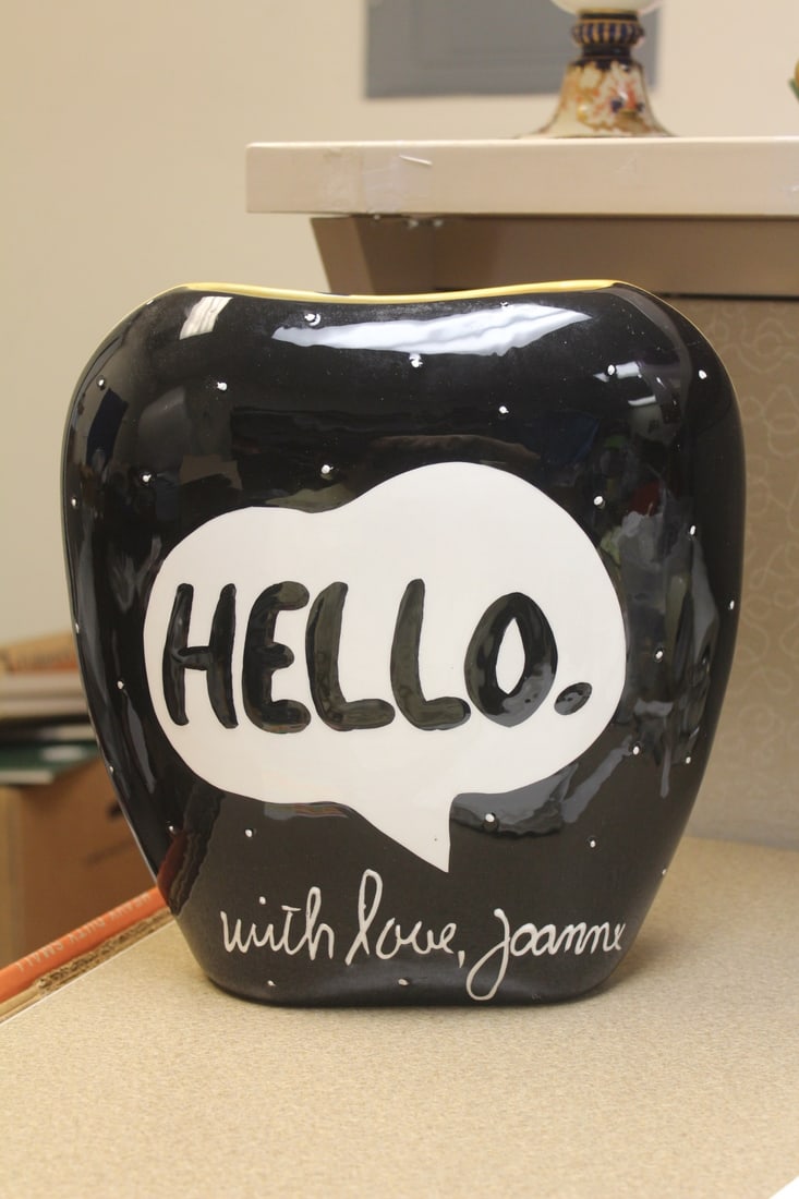 Hello With Love Ceramic Vase: by Joanne - 11" tall by 9" wide