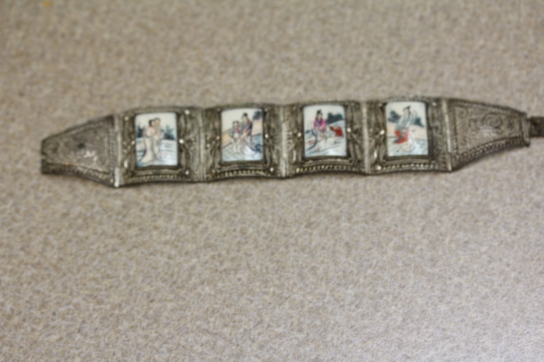 Antique Chinese Filigree Bone Bracelet: hand painted - 7" long unclapsed