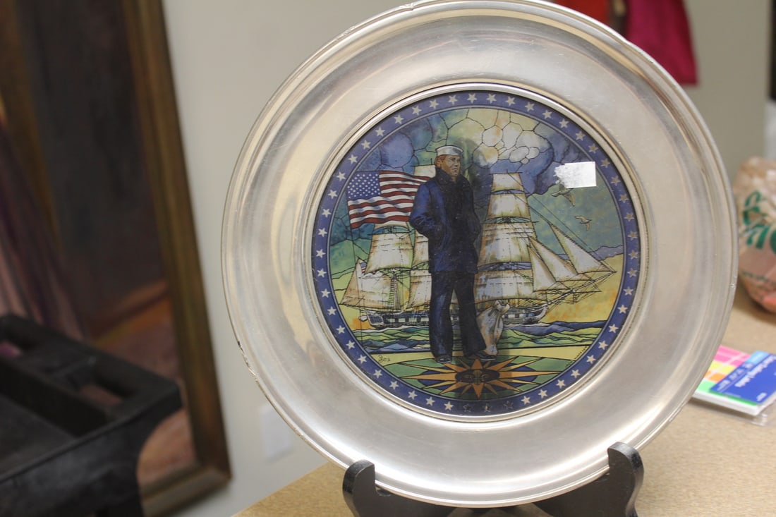 Stain Glass Plate on Pewter: please note= rim dent - 9 7/8" in diameter