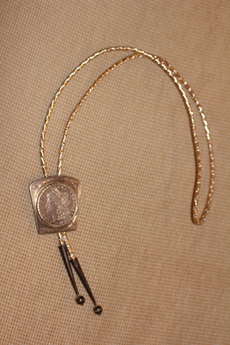 1892 Morgan Silver Dollar Bolo Tie: by Navajo Artist Bennett - possible key date (depends on mint mark ) -coin in high grade