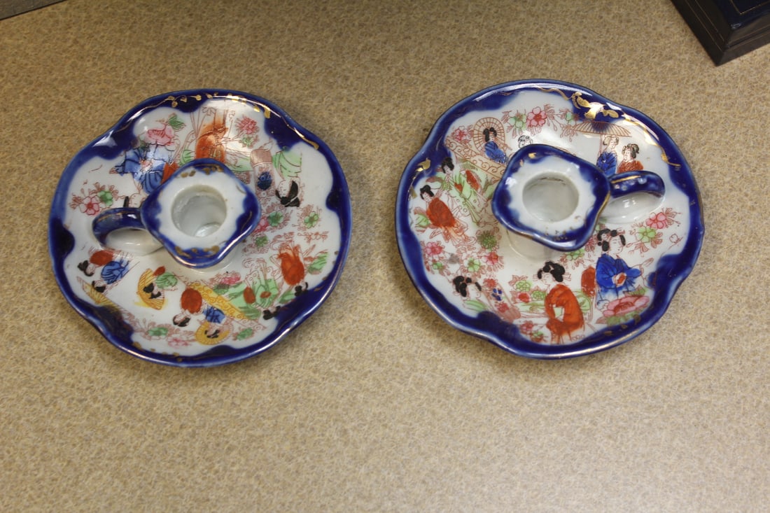 Pair of Japanese Candle Holders: vintage - Japanese kutani geisha girls - 3 3/4" in diameter