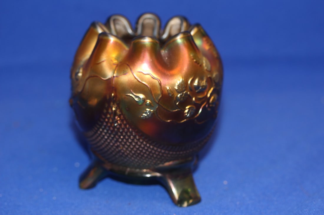 Carnival Glass Peach Plum Bowl: 3 footed - 4 1/8" tall