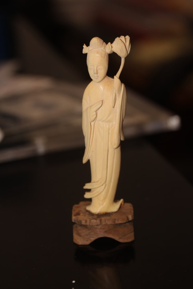 Chinese B o n e Figure of a Beauty: on stand - well carved - overall= 4 3/4" tall - stand=wood