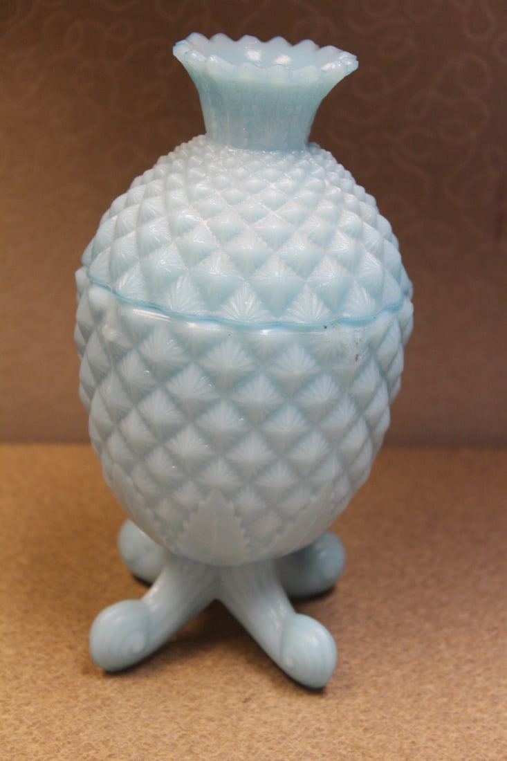 Covered Glass Dish: Vallerysthal - pineapple form - sky blue colour - 7 inches tall