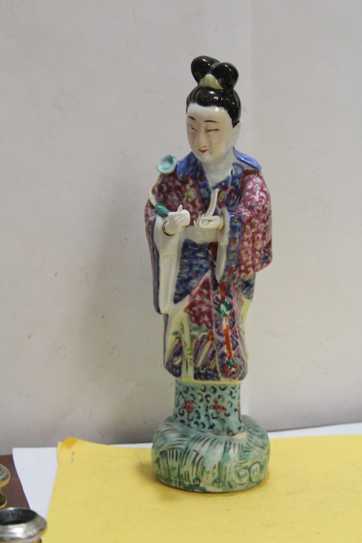 An Antique Chinese Famille Rose Lade Figure: maker's mark and marked "China" - early 20th century - 9 5/8" tall