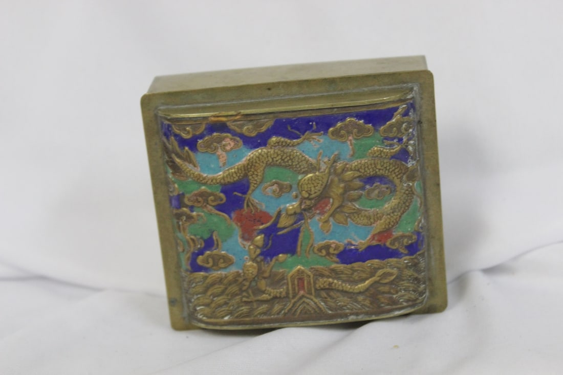 A Chinese Enamel on Brass Box: marked Made in "china" - most likely 1940's - 3" x 3 3/8"