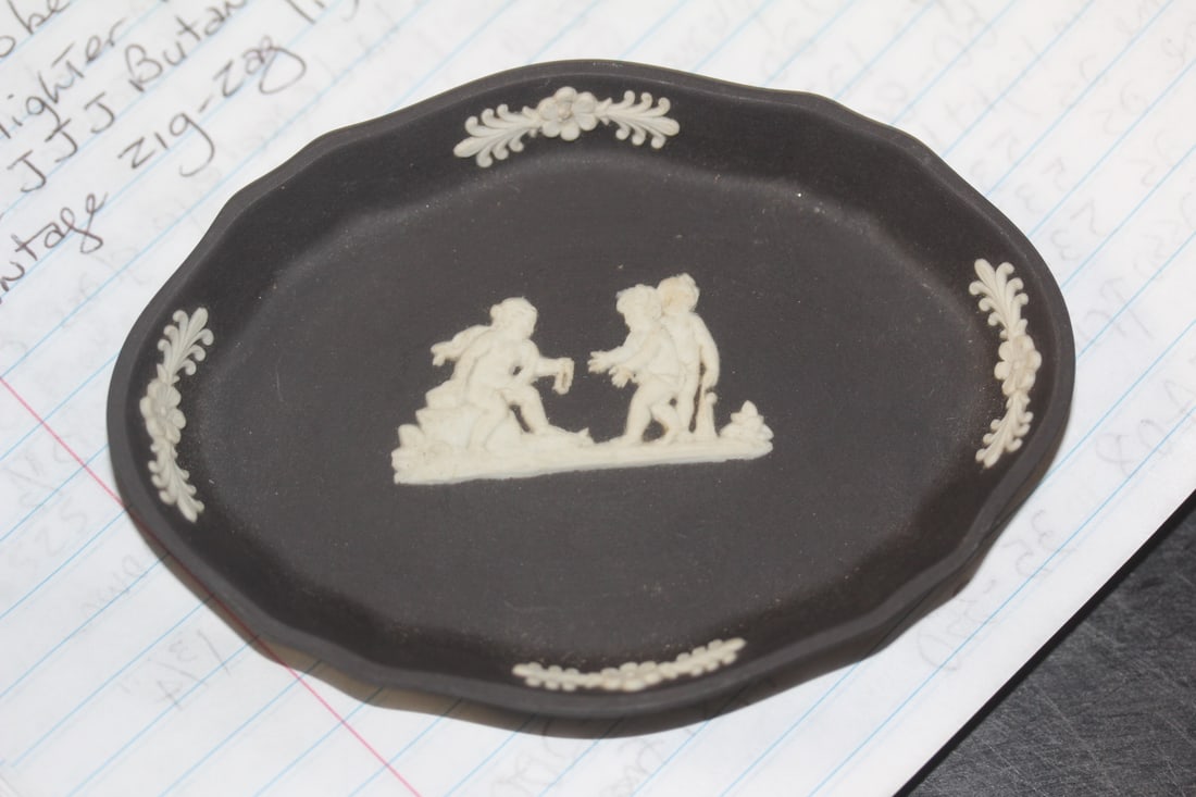 Vintage Black Jasperware Pin Dish: by Wedgwood - marked England - this is an oval pin dish - 4 1/4" across