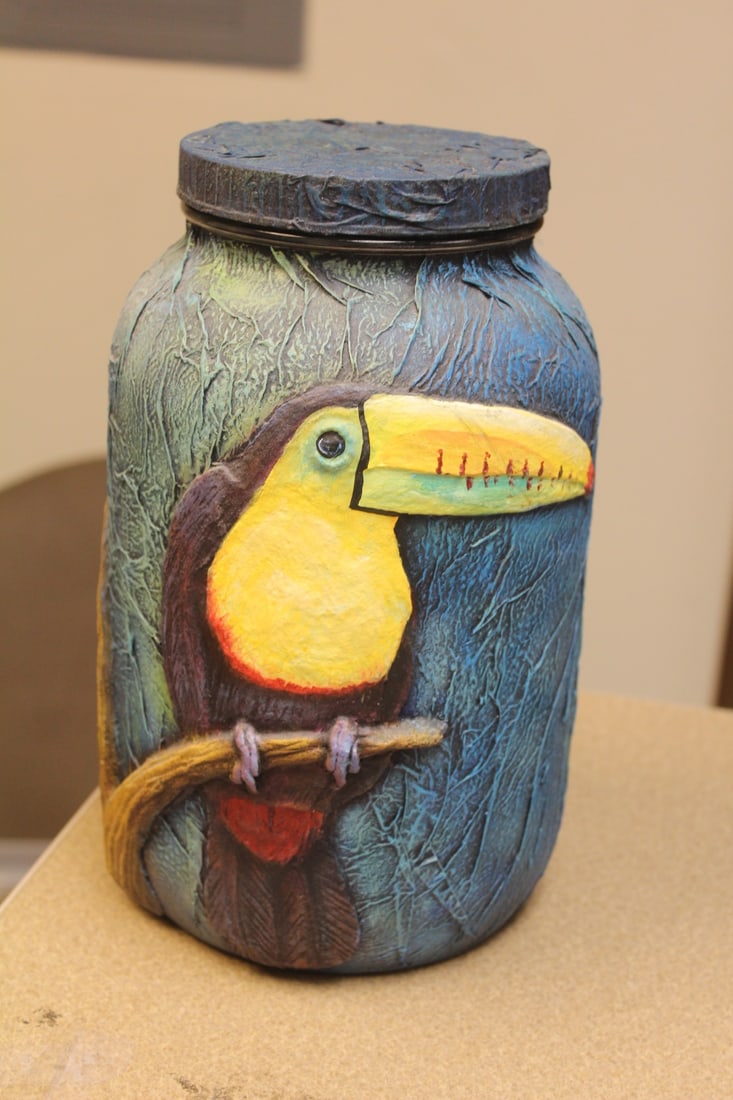 Signed Paper Mache Glass Jar: 10 1/4" tall