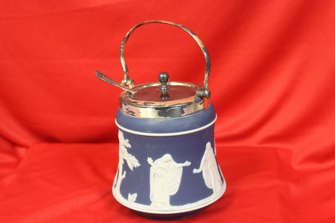 An Early Jasperware Containter: Most likely for sugar - with spoon - 5" tall, not including the handle - spoon=sterling