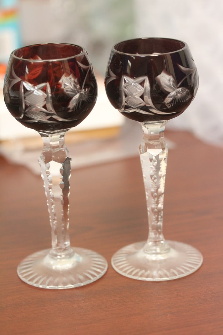 A Pair of Ruby Red Cut Glass Goblets: 5 1/4" tall