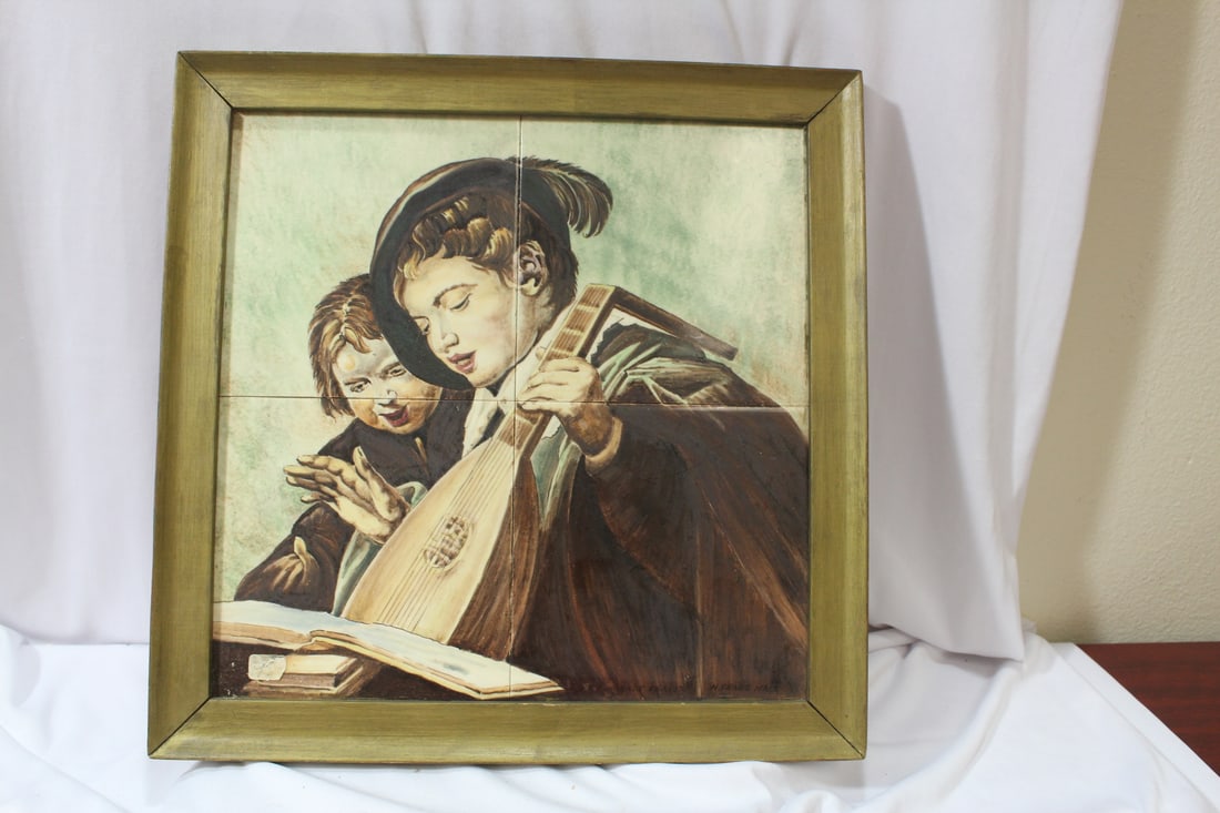 A Print or Painting on Tile: signed - 14 1/8" square