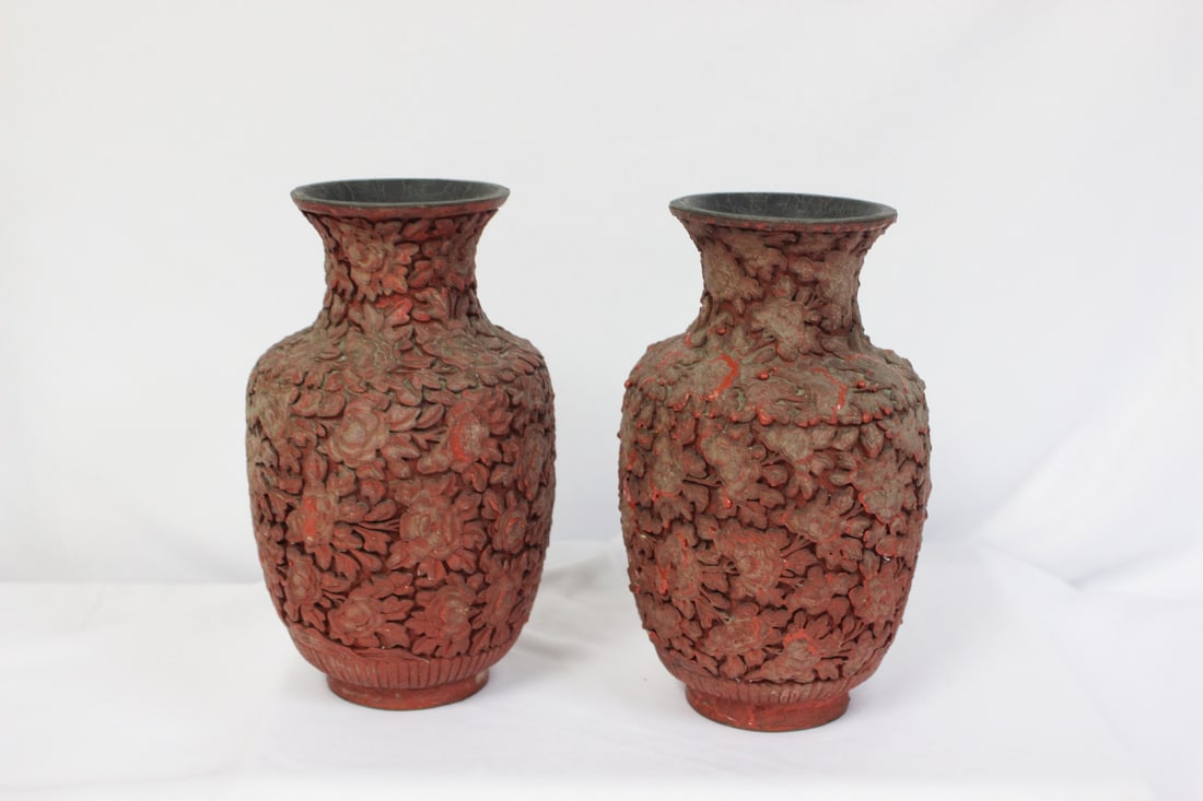 Pair of Antique Chinese Cinnabar Vases: please note: losses - most likely 19th century - 6 1/2" tall each