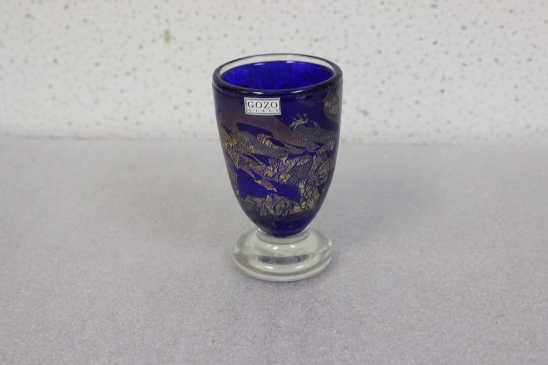 A Blue Gozo Glass Gold Speck Cup: Signed - 4 1/4" tall