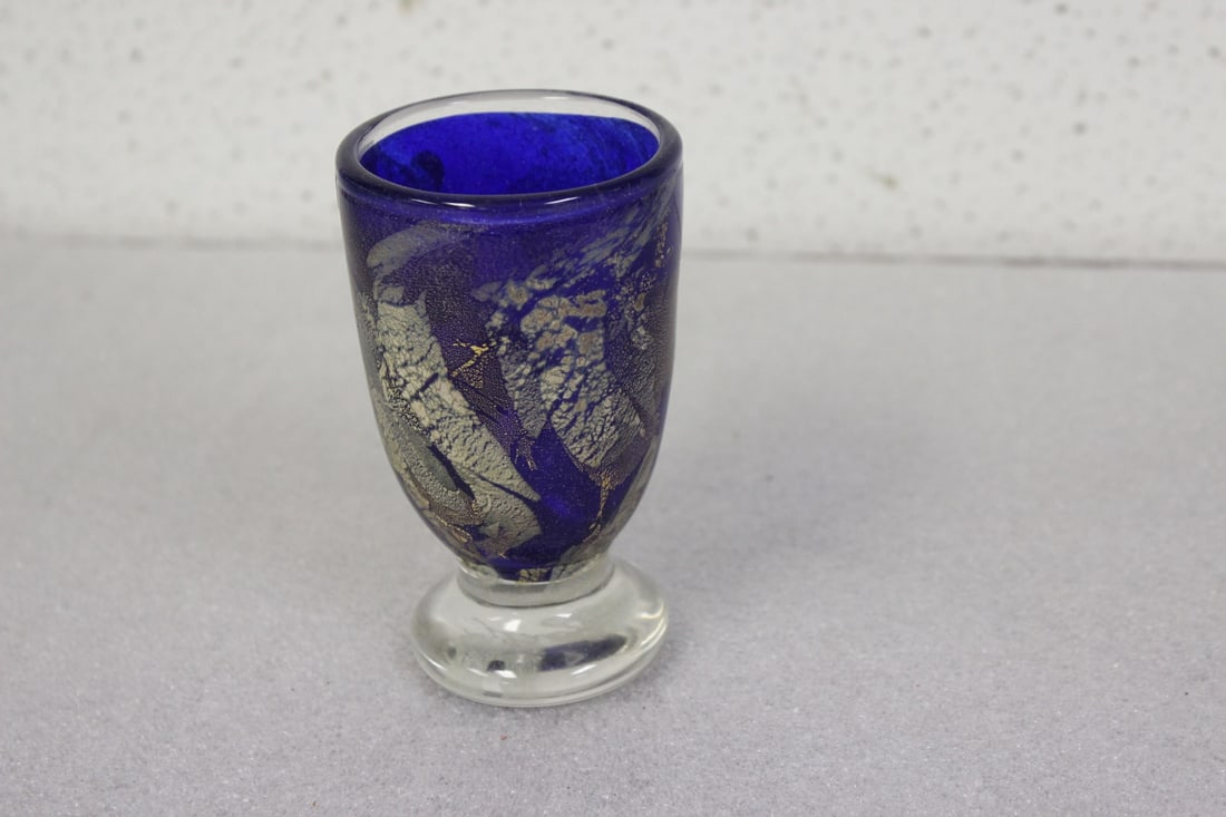 A Blue Gozo Glass Gold Speck Cup: Signed - 4 1/4" tall
