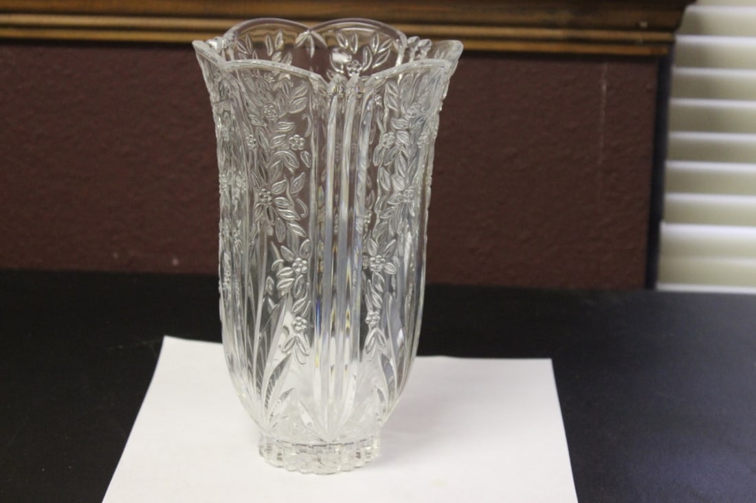 A Clear Press Glass Vase: 8 inches tall