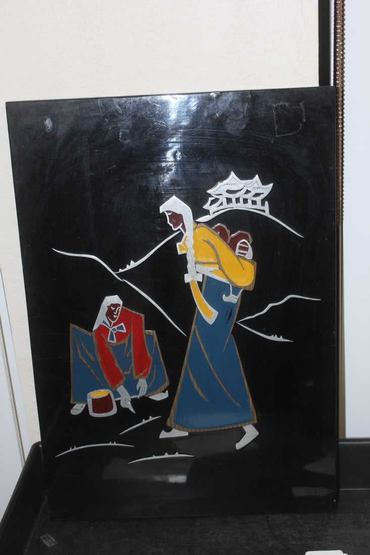 Retro Asian Lacquer Panel: nice colorful art panel of two women - 17 1/8" x 12"