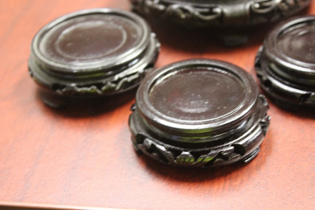 Lot of 4 Wooden Stands: One is very nicely carved - inside diameter of the largest one is 4 3/8"