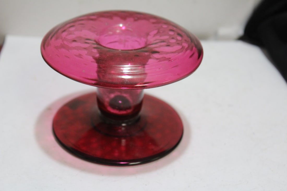 A Cranberry Red Glass Candle Holder: 4" in diameter